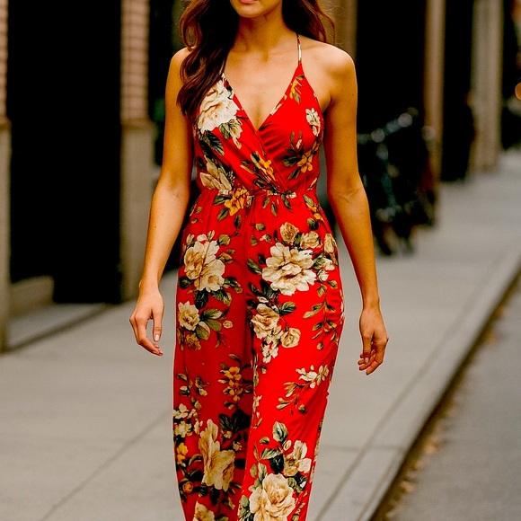 Love Chesley Pants - Elegant Floral Red Jumpsuit